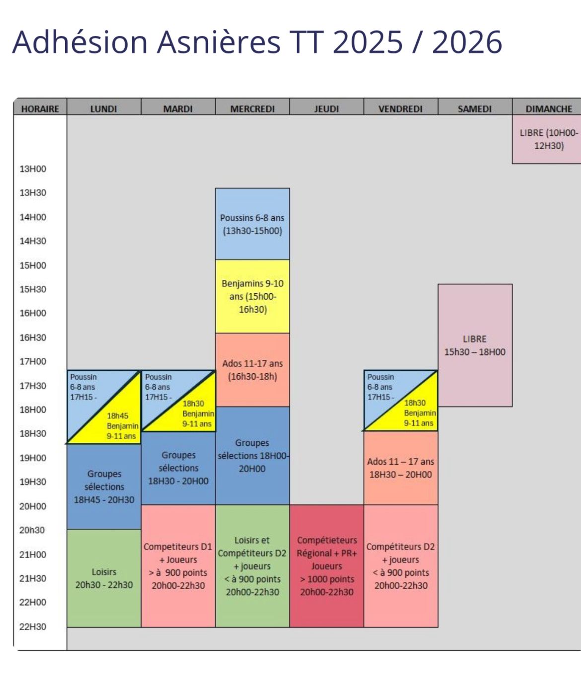 Planning des entraînements — Asnières TT 2025/2026